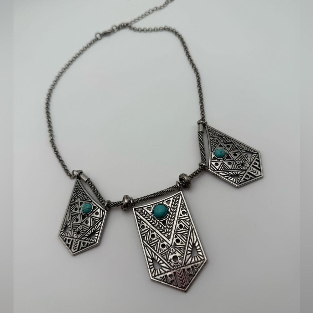 Silver Color Boho Style Geometric Necklace with Turquoise Accents
